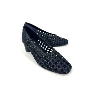 Pilcro‎ Black Woven Leather Block Heel Pumps Round Toe Women's Shoes